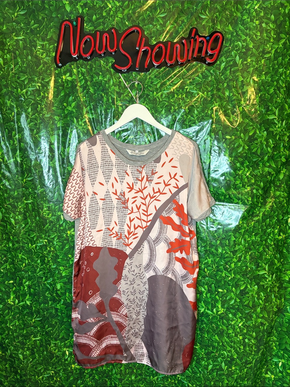 Abstract Print Short Sleeve Tunic Top/Dress - Red/Gray